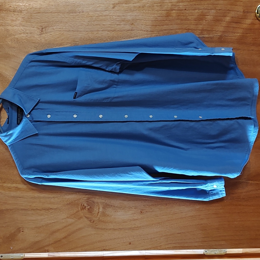 Daniel Cremieux France Mens Herringbone Button-Up Shirt Blue 100% Cotton Size L